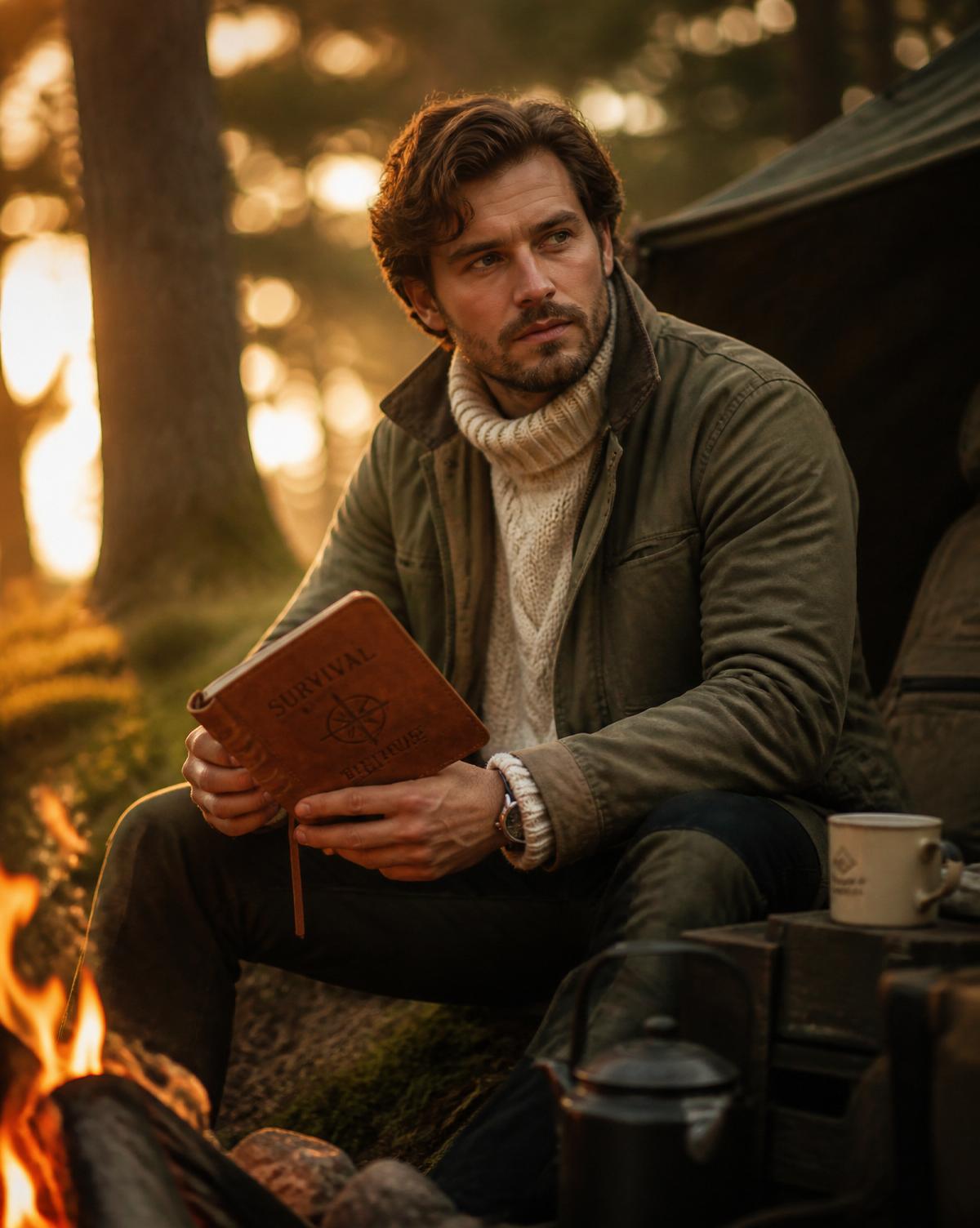 Auteur van de Survival Basic Gids bij een kampvuur in het bos